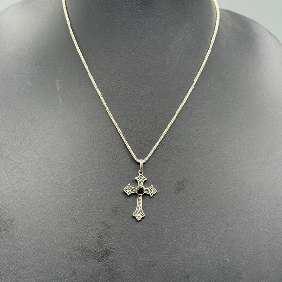 D’joy 925 Sterling Silver Black Crystal Cross Pendant Chain Necklace Italy - Picture 3 of 6